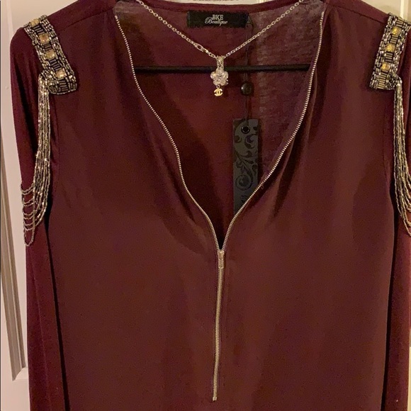 BKE Burgandy Military Embellished Zip Front Top - Picture 8 of 8
